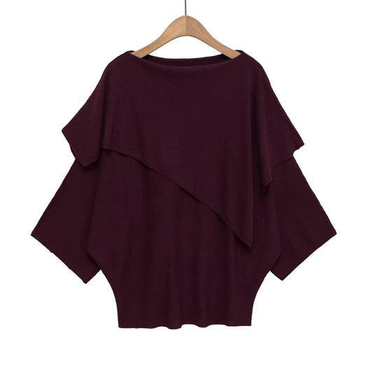 Round neck long sleeved layered decorative pullover sweater top for women